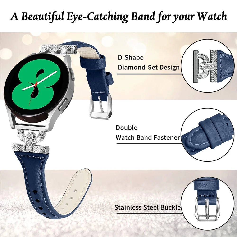 20mm Genuine Cow Leather Band for Samsung Galaxy Watch6 40mm 44mm / Watch6 Classic 43mm 47mm / Watch 5 40mm 44mm / Watch4 40mm 44mm , Rhinestone Decor Watch Strap with Silver Buckle - Ink Blue - 3