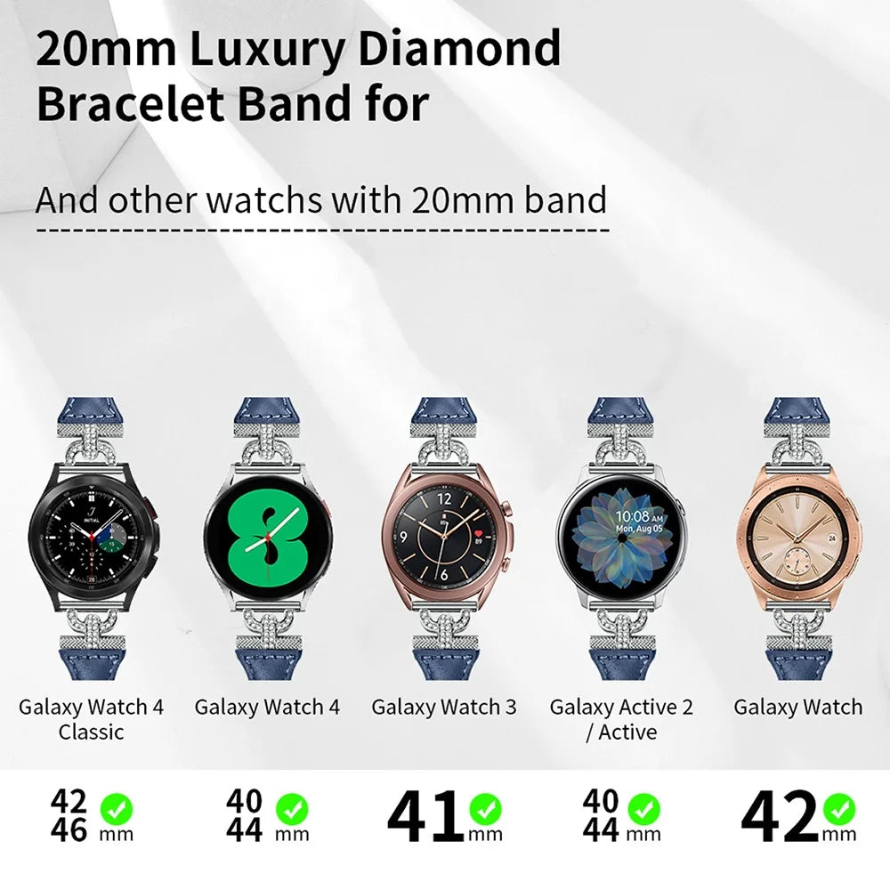 20mm Genuine Cow Leather Band for Samsung Galaxy Watch6 40mm 44mm / Watch6 Classic 43mm 47mm / Watch 5 40mm 44mm / Watch4 40mm 44mm , Rhinestone Decor Watch Strap with Silver Buckle - Ink Blue - 4