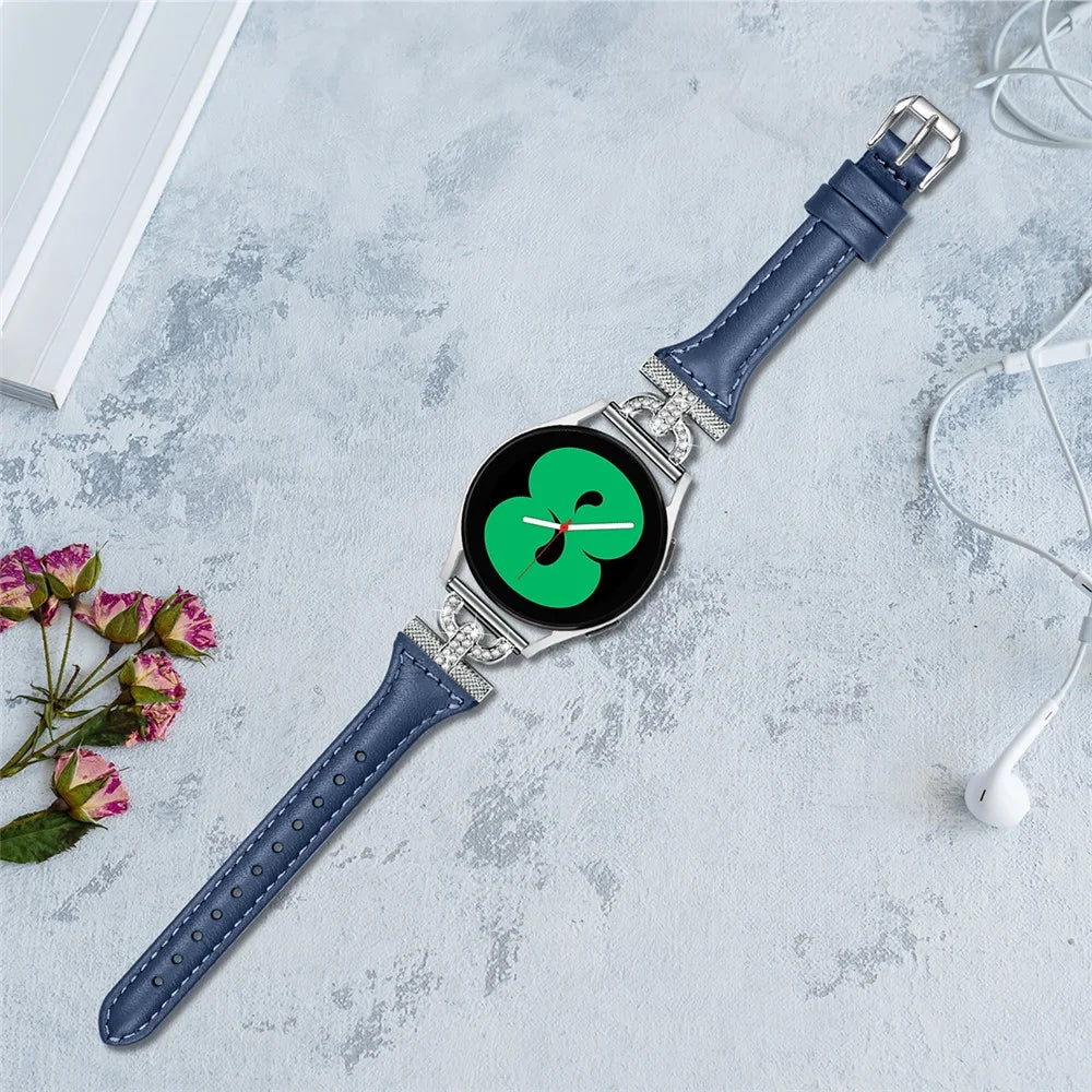 20mm Genuine Cow Leather Band for Samsung Galaxy Watch6 40mm 44mm / Watch6 Classic 43mm 47mm / Watch 5 40mm 44mm / Watch4 40mm 44mm , Rhinestone Decor Watch Strap with Silver Buckle - Ink Blue - 5