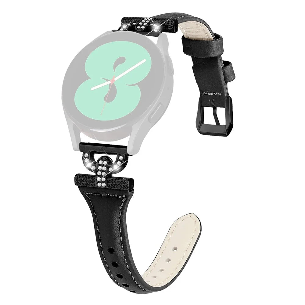 Genuine Cow Leather Band for Samsung Galaxy Watch Active 1 / 2 / 3 40mm 44mm , 20mm Rhinestone Decor Watch Strap with Black Buckle - Black - 1