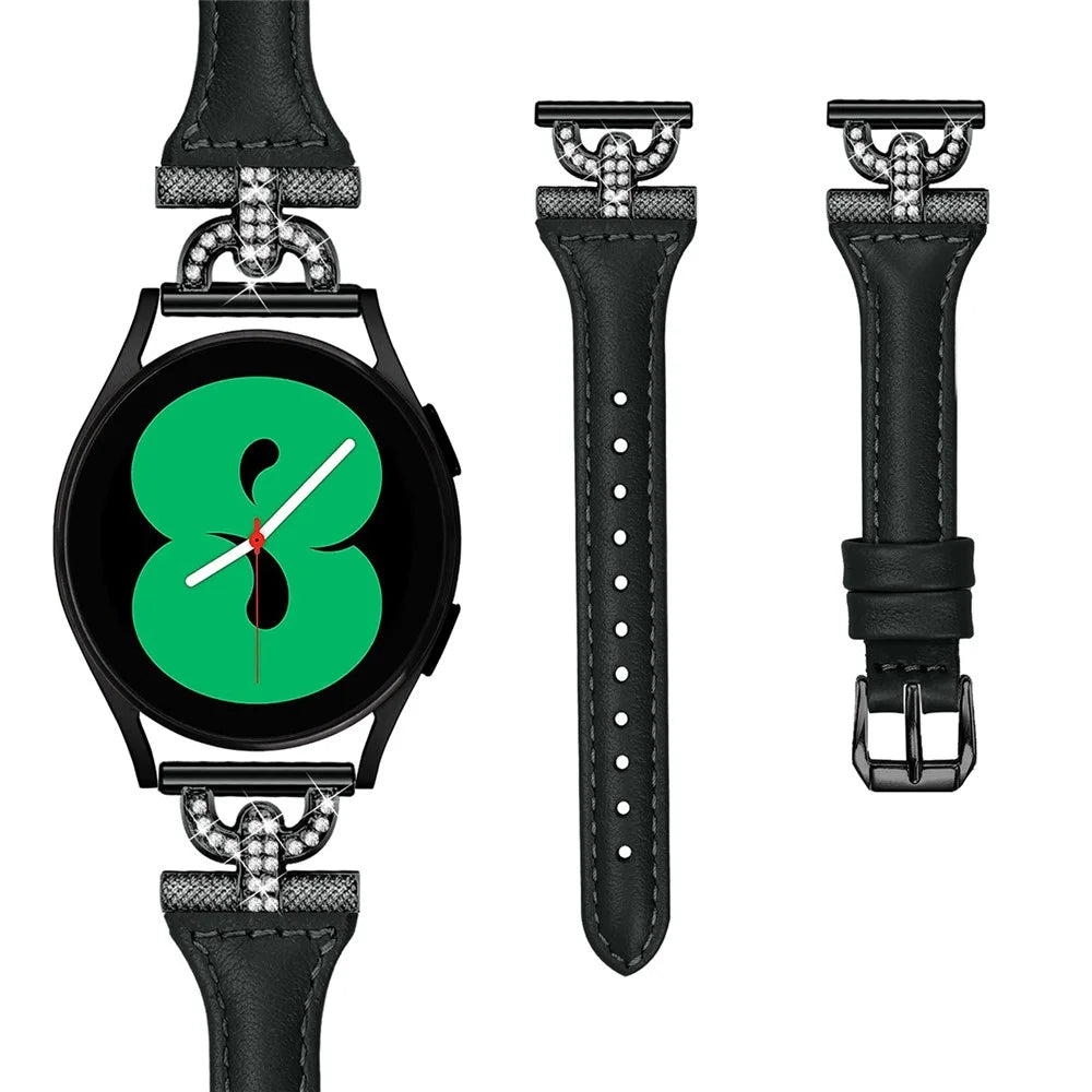 Genuine Cow Leather Band for Samsung Galaxy Watch Active 1 / 2 / 3 40mm 44mm , 20mm Rhinestone Decor Watch Strap with Black Buckle - Black - 2