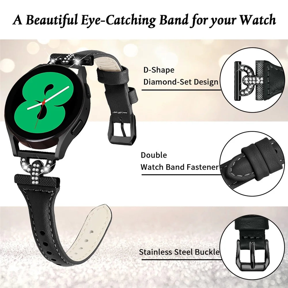 Genuine Cow Leather Band for Samsung Galaxy Watch Active 1 / 2 / 3 40mm 44mm , 20mm Rhinestone Decor Watch Strap with Black Buckle - Black - 3