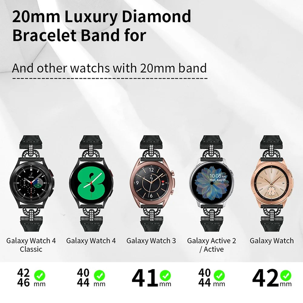Genuine Cow Leather Band for Samsung Galaxy Watch Active 1 / 2 / 3 40mm 44mm , 20mm Rhinestone Decor Watch Strap with Black Buckle - Black - 4