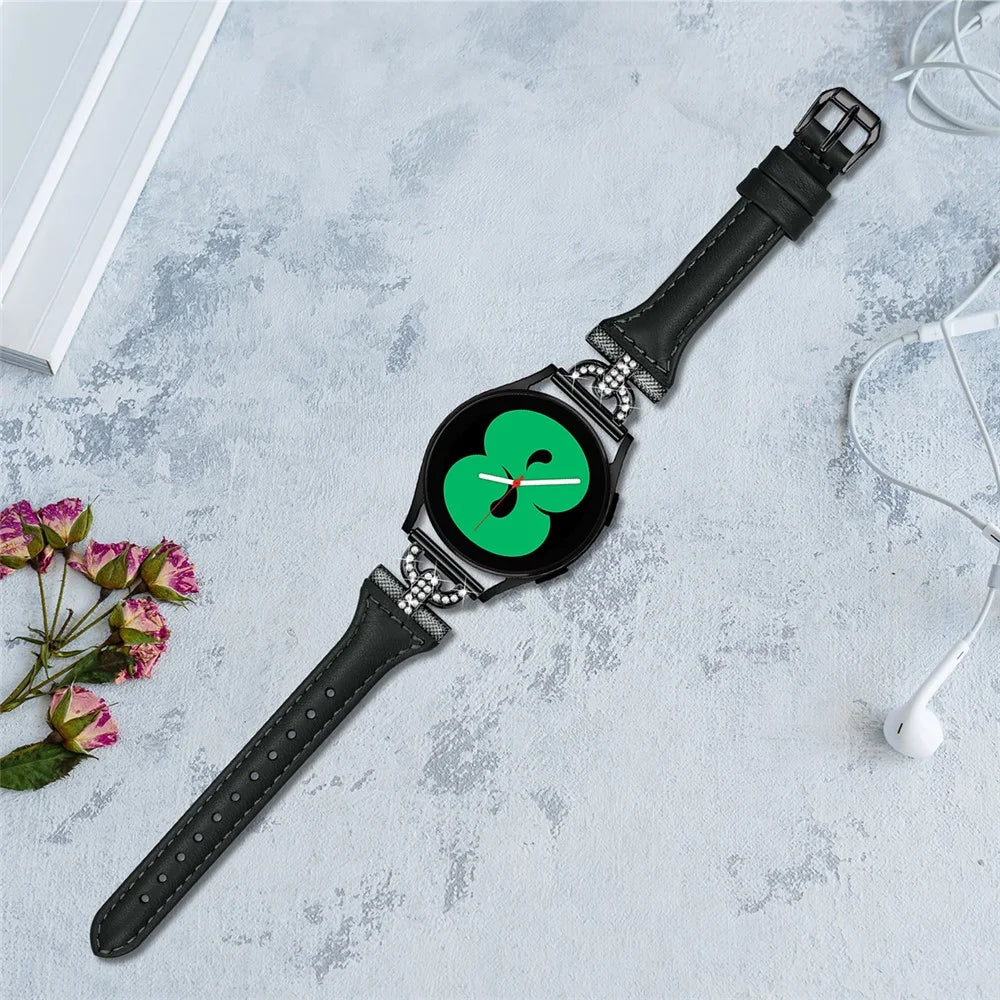 Genuine Cow Leather Band for Samsung Galaxy Watch Active 1 / 2 / 3 40mm 44mm , 20mm Rhinestone Decor Watch Strap with Black Buckle - Black - 5