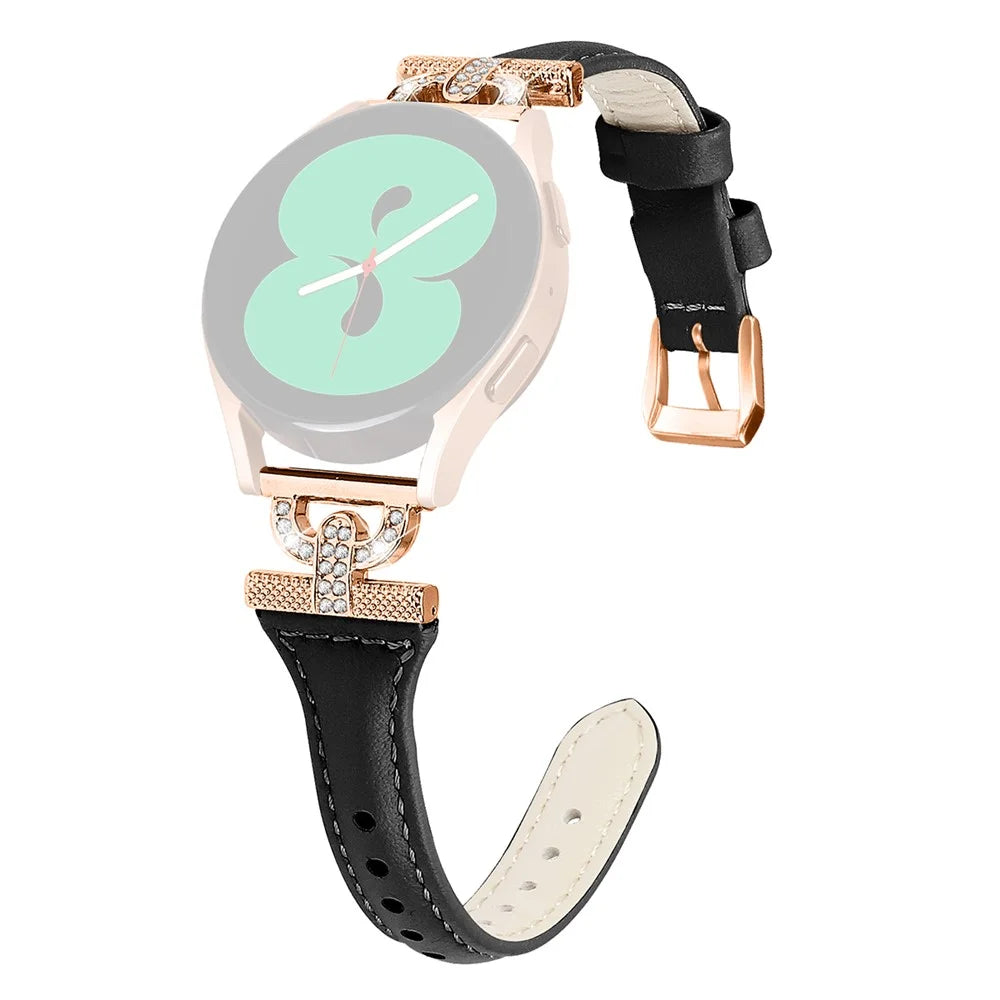 20mm Watch Strap for Samsung Galaxy Watch Active 1 / 2 / 3 40mm 44mm , Genuine Cow Leather Rhinestone Decor Band with Rose Gold Buckle - Black - 1