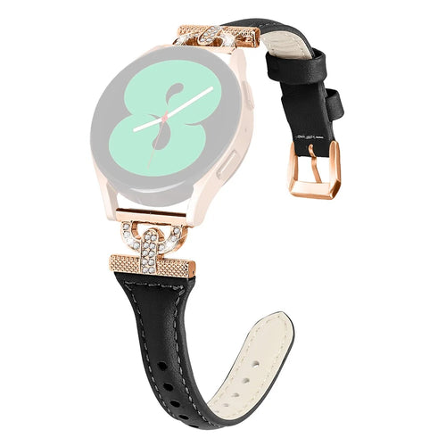 20mm Watch Strap for Samsung Galaxy Watch Active 1 / 2 / 3 40mm 44mm , Genuine Cow Leather Rhinestone Decor Band with Rose Gold Buckle - Black - 1
