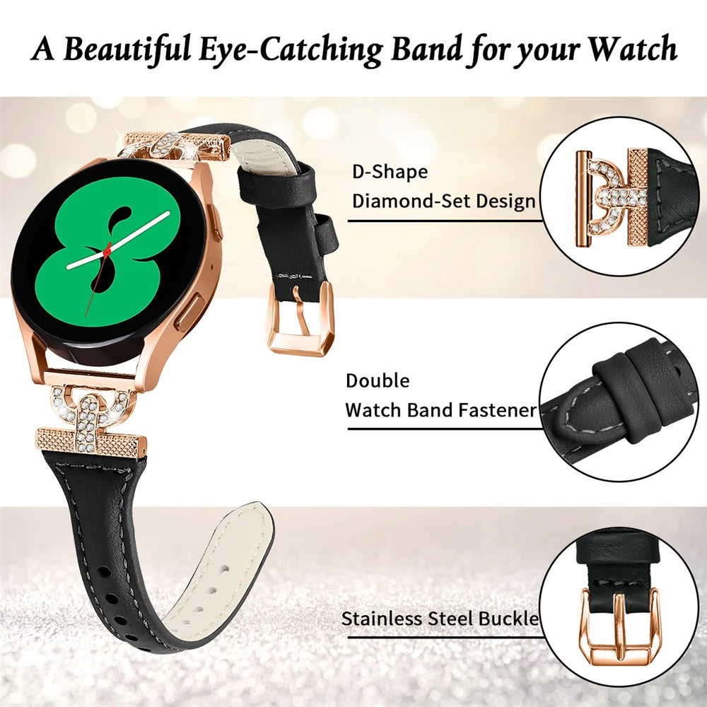 20mm Watch Strap for Samsung Galaxy Watch Active 1 / 2 / 3 40mm 44mm , Genuine Cow Leather Rhinestone Decor Band with Rose Gold Buckle - Black - 3
