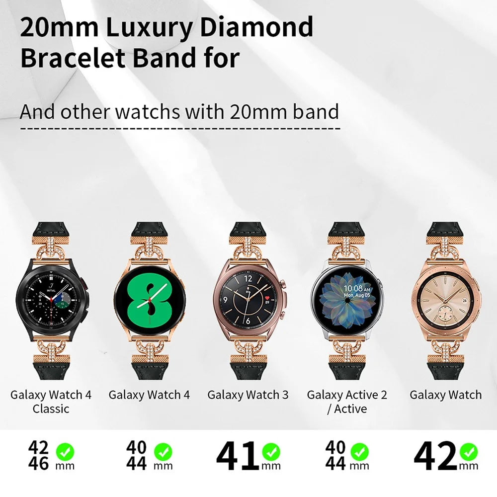 20mm Watch Strap for Samsung Galaxy Watch Active 1 / 2 / 3 40mm 44mm , Genuine Cow Leather Rhinestone Decor Band with Rose Gold Buckle - Black - 4