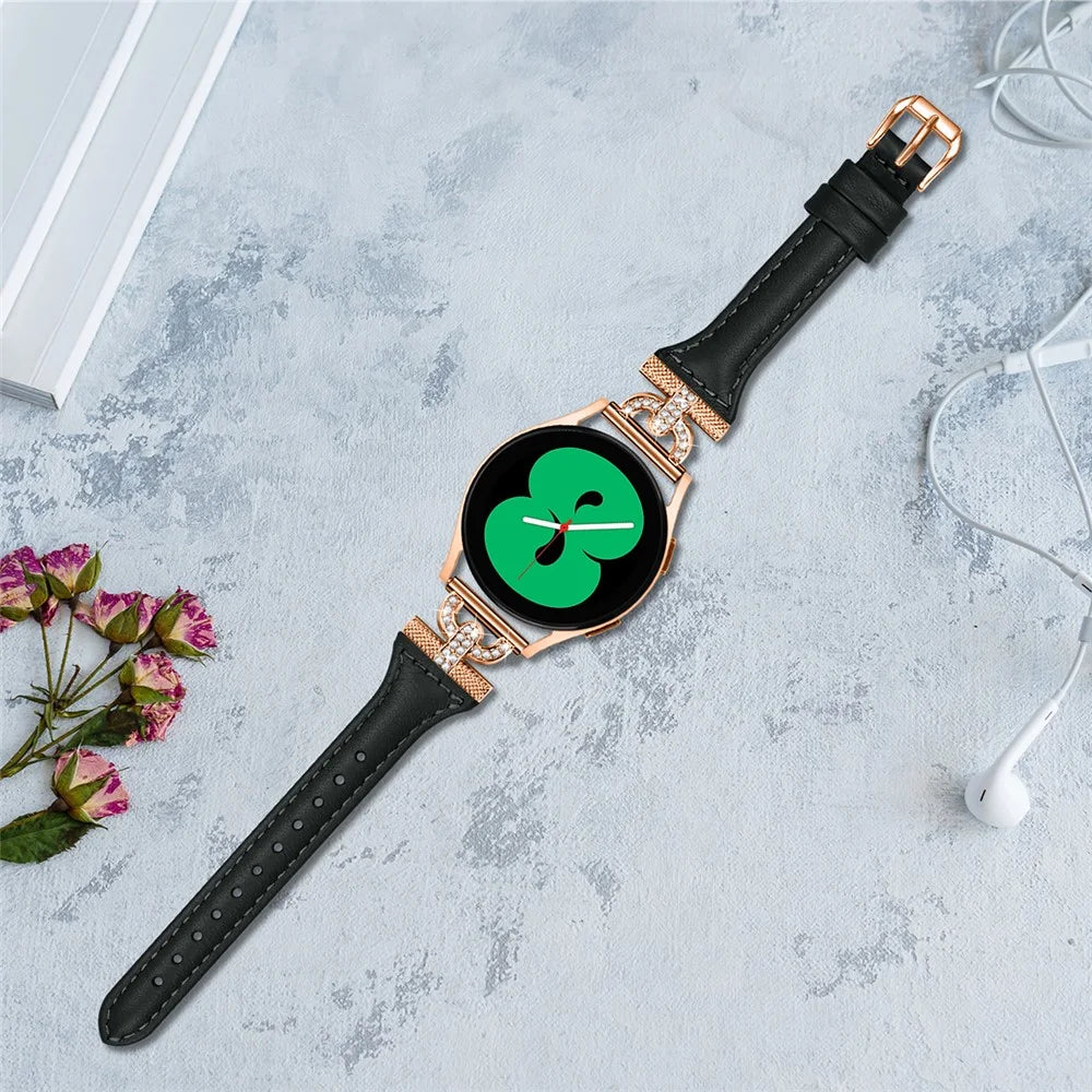 20mm Watch Strap for Samsung Galaxy Watch Active 1 / 2 / 3 40mm 44mm , Genuine Cow Leather Rhinestone Decor Band with Rose Gold Buckle - Black - 5