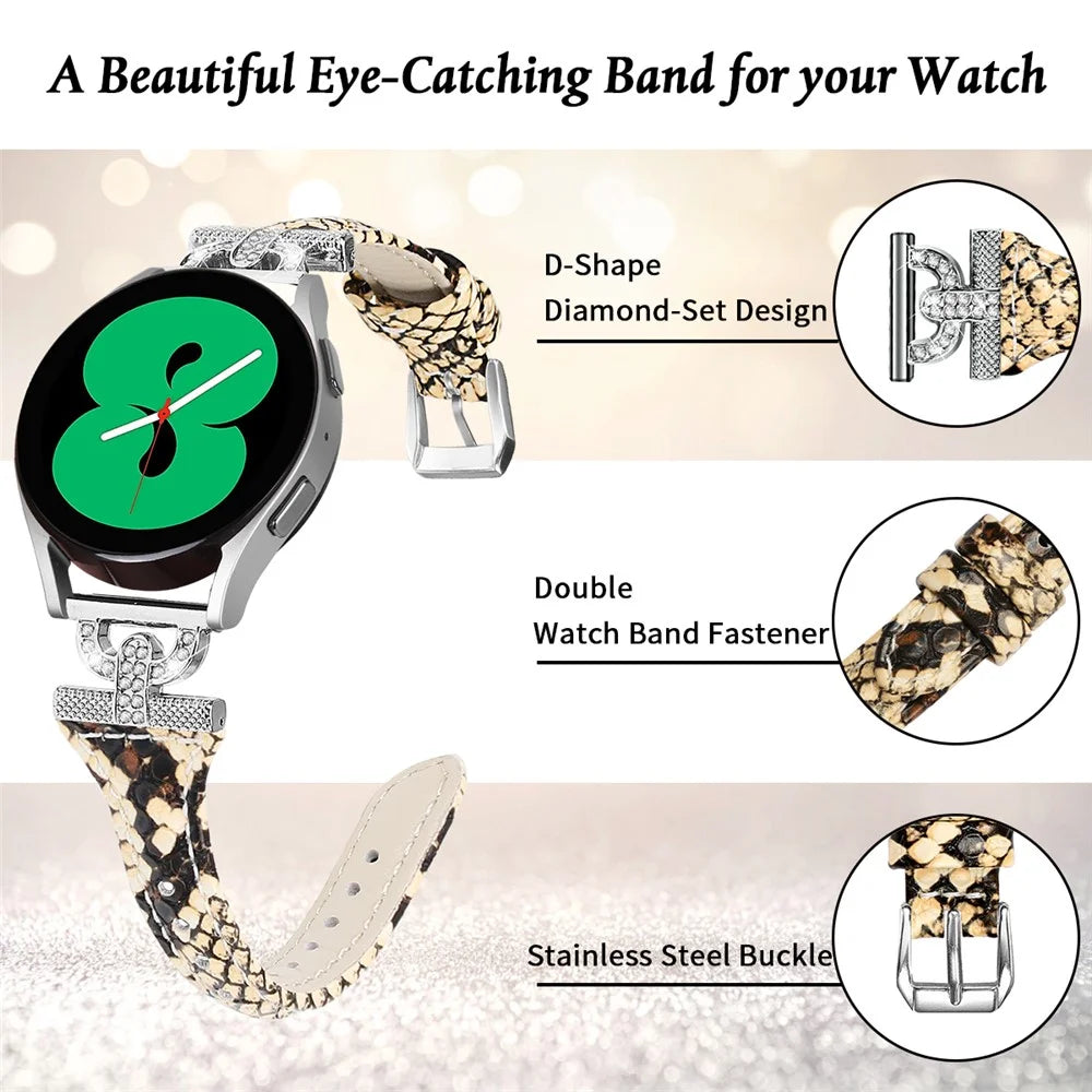 Watch Band for Samsung Galaxy Watch Active 1 / 2 / 3 40mm 44mm , 20mm Genuine Cow Leather Rhinestone Decor Strap with Silver Buckle - Snake Texture - 3
