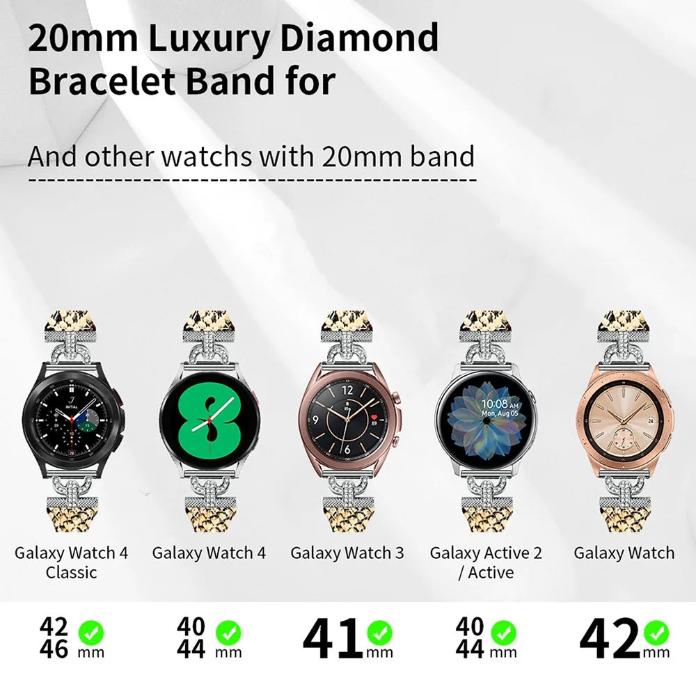 Watch Band for Samsung Galaxy Watch Active 1 / 2 / 3 40mm 44mm , 20mm Genuine Cow Leather Rhinestone Decor Strap with Silver Buckle - Snake Texture - 4