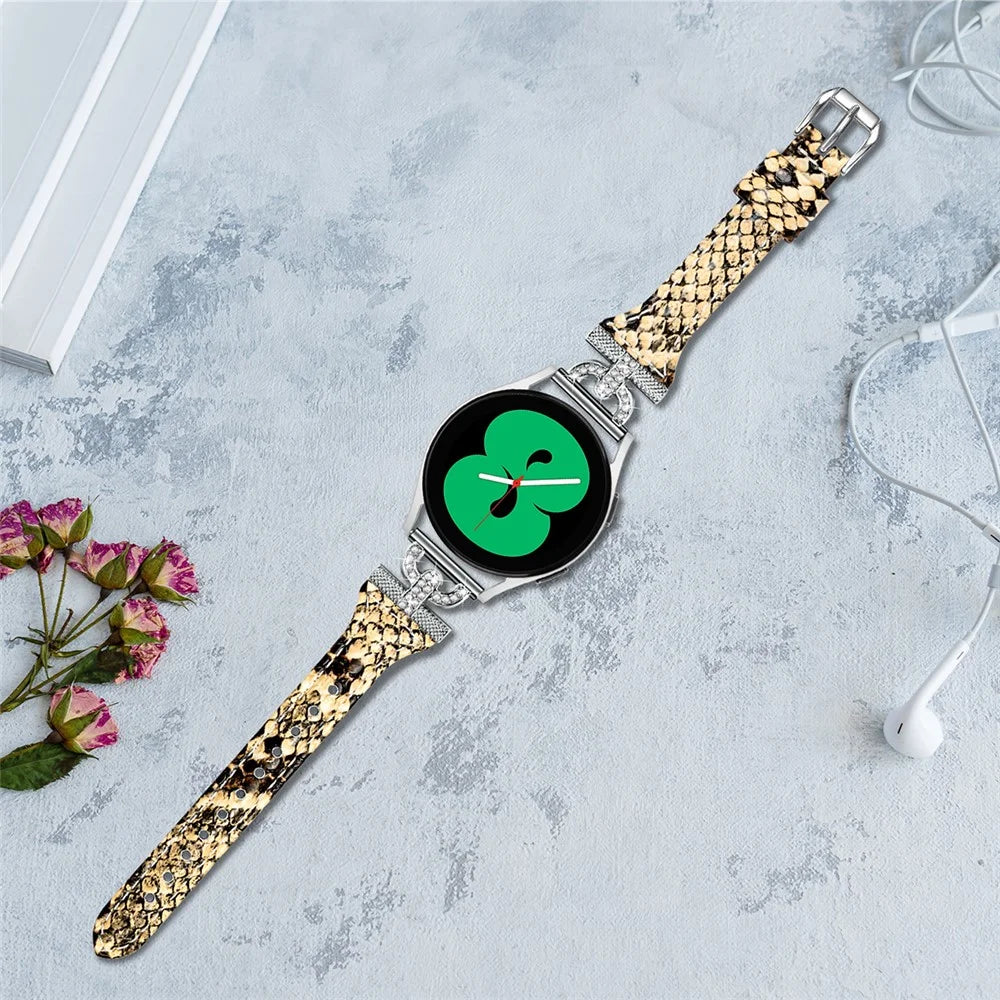Watch Band for Samsung Galaxy Watch Active 1 / 2 / 3 40mm 44mm , 20mm Genuine Cow Leather Rhinestone Decor Strap with Silver Buckle - Snake Texture - 5