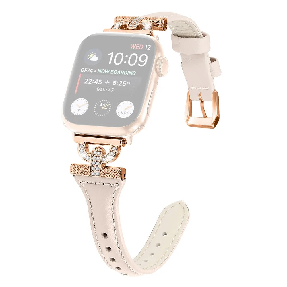Watch Band for Apple Watch Series 11 10 42mm / 9 8 7 41mm / SE3 SE2 SE 6 5 4 40mm / 3 2 1 38mm Genuine Cow Leather Rhinestone Decor Strap with Rose Gold Buckle - Apricot - 1