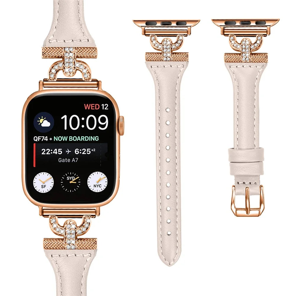 Watch Band for Apple Watch Series 11 10 42mm / 9 8 7 41mm / SE3 SE2 SE 6 5 4 40mm / 3 2 1 38mm Genuine Cow Leather Rhinestone Decor Strap with Rose Gold Buckle - Apricot - 2