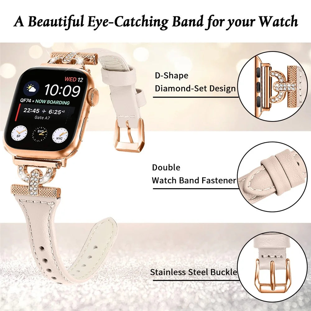 Watch Band for Apple Watch Series 11 10 42mm / 9 8 7 41mm / SE3 SE2 SE 6 5 4 40mm / 3 2 1 38mm Genuine Cow Leather Rhinestone Decor Strap with Rose Gold Buckle - Apricot - 3