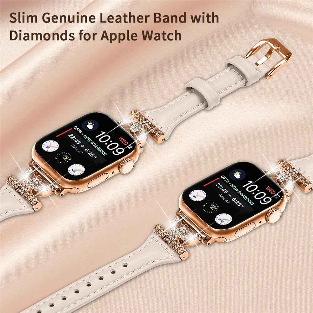 Watch Band for Apple Watch Series 11 10 42mm / 9 8 7 41mm / SE3 SE2 SE 6 5 4 40mm / 3 2 1 38mm Genuine Cow Leather Rhinestone Decor Strap with Rose Gold Buckle - Apricot - 4