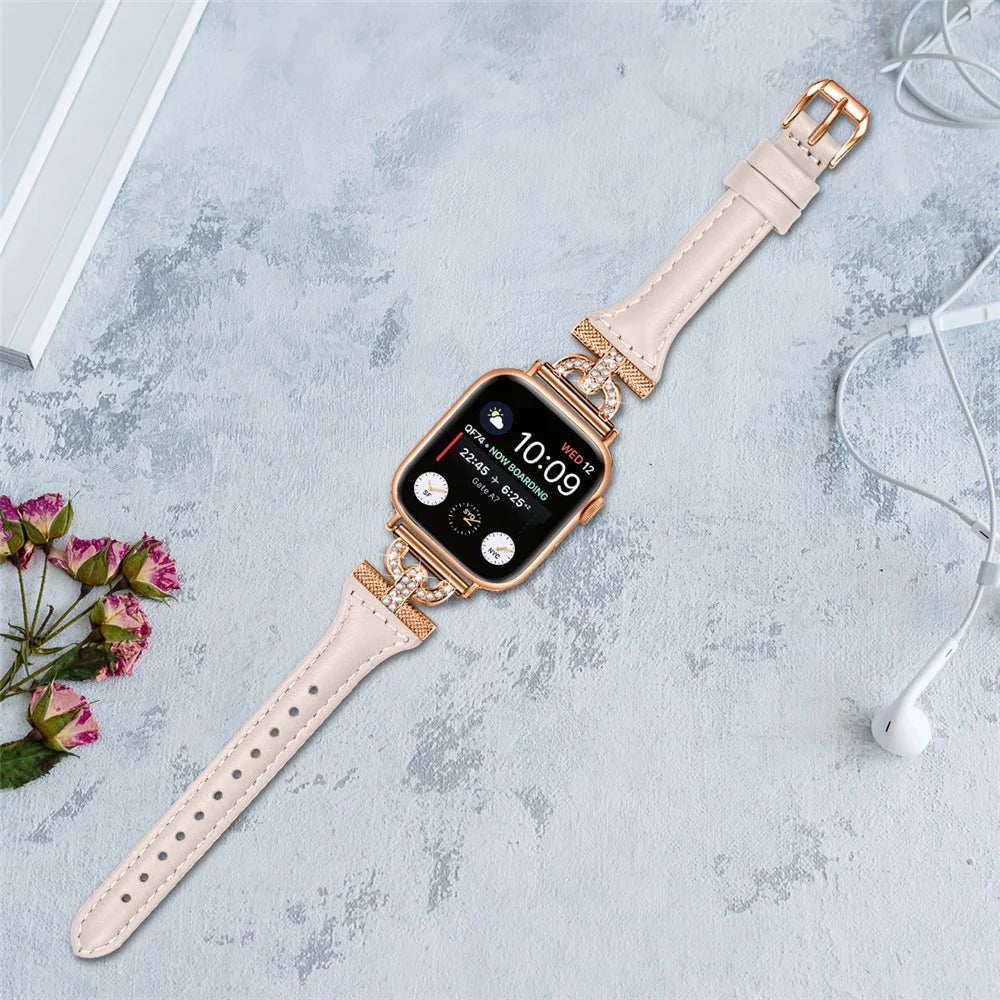 Watch Band for Apple Watch Series 11 10 42mm / 9 8 7 41mm / SE3 SE2 SE 6 5 4 40mm / 3 2 1 38mm Genuine Cow Leather Rhinestone Decor Strap with Rose Gold Buckle - Apricot - 5
