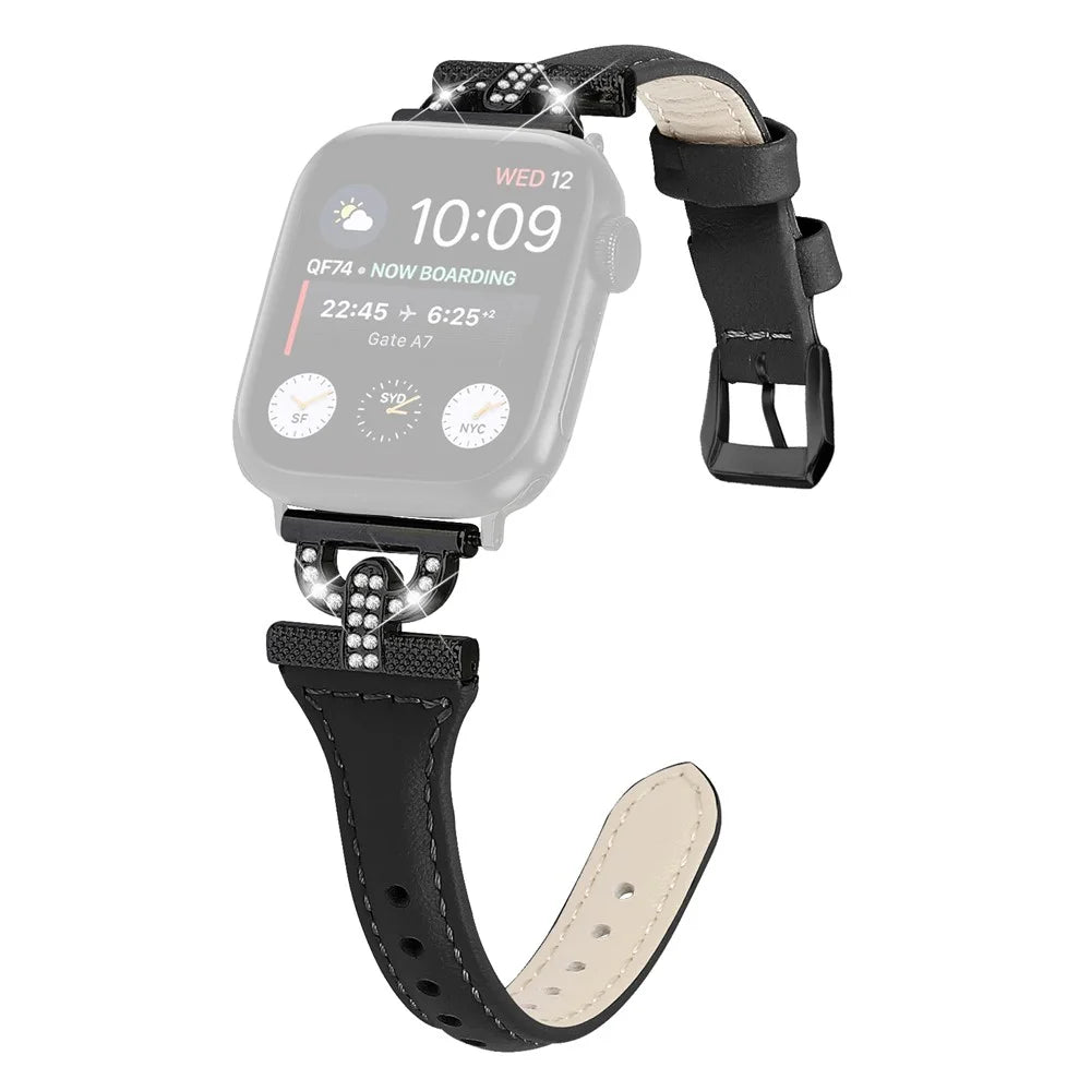 Genuine Cow Leather Band for Apple Watch Series 11 10 42mm / 9 8 7 41mm / SE3 SE2 SE 6 5 4 40mm / 3 2 1 38mm Rhinestone Decor Watch Strap with Balck Buckle - Black - 1