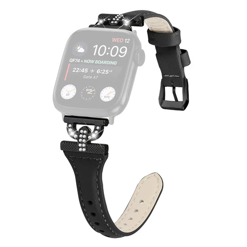 Genuine Cow Leather Band for Apple Watch Series 11 10 42mm / 9 8 7 41mm / SE3 SE2 SE 6 5 4 40mm / 3 2 1 38mm Rhinestone Decor Watch Strap with Balck Buckle - Black - 1