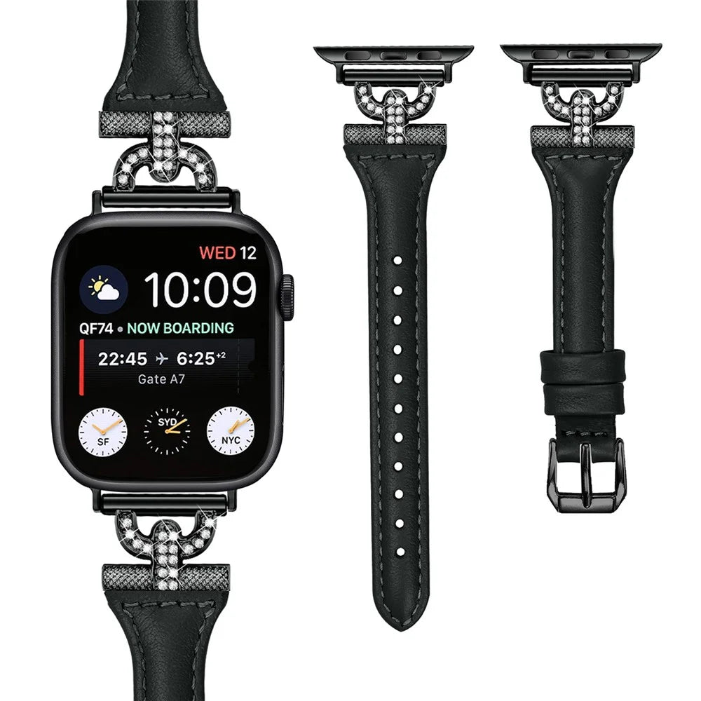 Genuine Cow Leather Band for Apple Watch Series 11 10 42mm / 9 8 7 41mm / SE3 SE2 SE 6 5 4 40mm / 3 2 1 38mm Rhinestone Decor Watch Strap with Balck Buckle - Black - 2