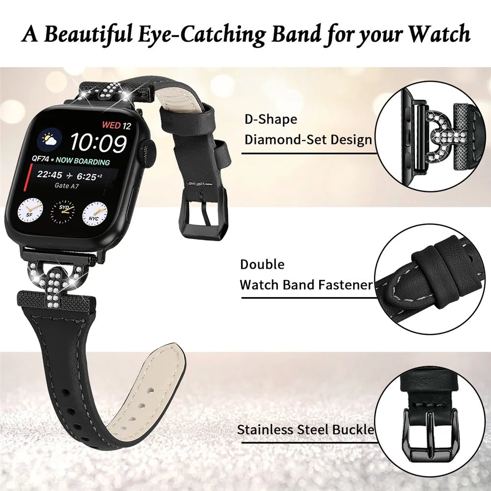 Genuine Cow Leather Band for Apple Watch Series 11 10 42mm / 9 8 7 41mm / SE3 SE2 SE 6 5 4 40mm / 3 2 1 38mm Rhinestone Decor Watch Strap with Balck Buckle - Black - 3