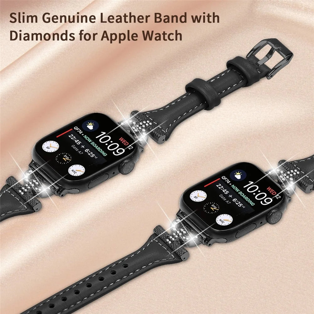 Genuine Cow Leather Band for Apple Watch Series 11 10 42mm / 9 8 7 41mm / SE3 SE2 SE 6 5 4 40mm / 3 2 1 38mm Rhinestone Decor Watch Strap with Balck Buckle - Black - 4