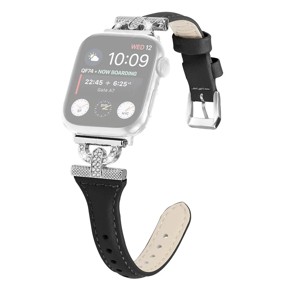 Genuine Cow Leather Watch Band for Apple Watch Series 11 10 42mm / 9 8 7 41mm / SE3 SE2 SE 6 5 4 40mm / 3 2 1 38mm Silver Buckle Rhinestone Decor Strap - Black - 1