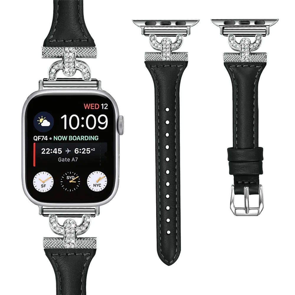 Genuine Cow Leather Watch Band for Apple Watch Series 11 10 42mm / 9 8 7 41mm / SE3 SE2 SE 6 5 4 40mm / 3 2 1 38mm Silver Buckle Rhinestone Decor Strap - Black - 2