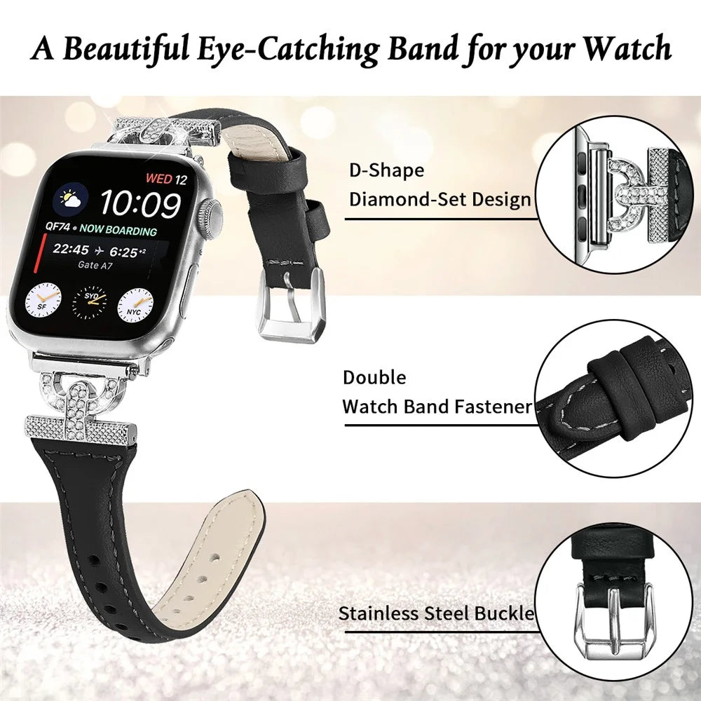 Genuine Cow Leather Watch Band for Apple Watch Series 11 10 42mm / 9 8 7 41mm / SE3 SE2 SE 6 5 4 40mm / 3 2 1 38mm Silver Buckle Rhinestone Decor Strap - Black - 3