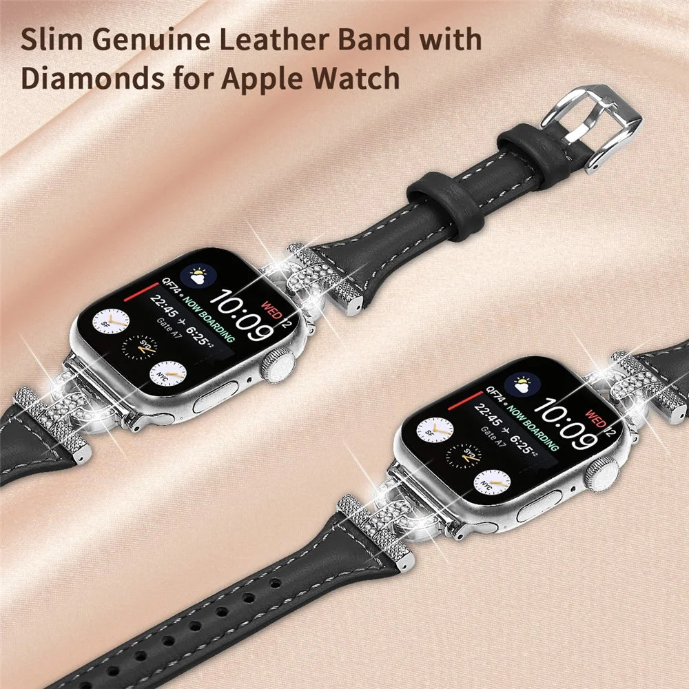 Genuine Cow Leather Watch Band for Apple Watch Series 11 10 42mm / 9 8 7 41mm / SE3 SE2 SE 6 5 4 40mm / 3 2 1 38mm Silver Buckle Rhinestone Decor Strap - Black - 4