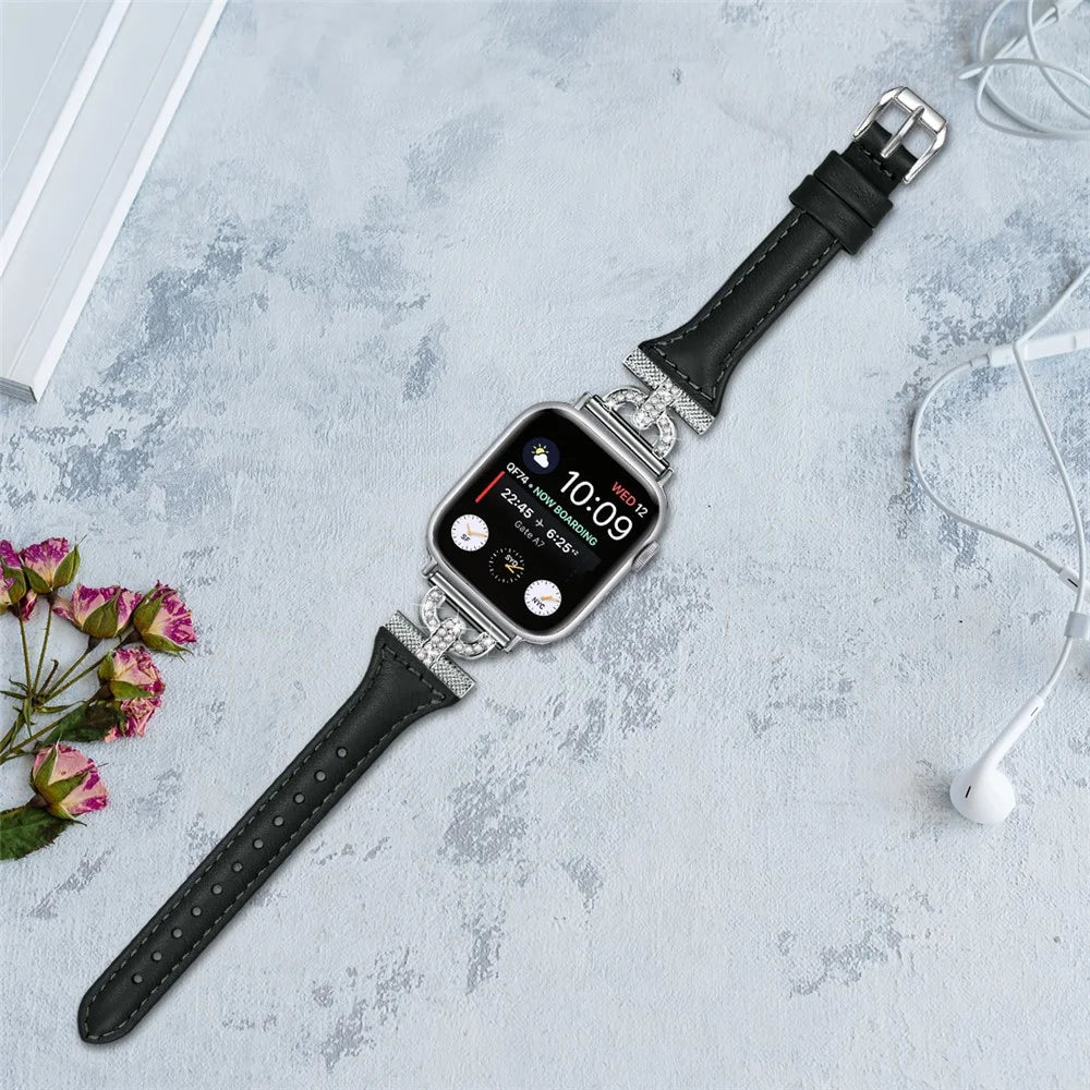 Genuine Cow Leather Watch Band for Apple Watch Series 11 10 42mm / 9 8 7 41mm / SE3 SE2 SE 6 5 4 40mm / 3 2 1 38mm Silver Buckle Rhinestone Decor Strap - Black - 5