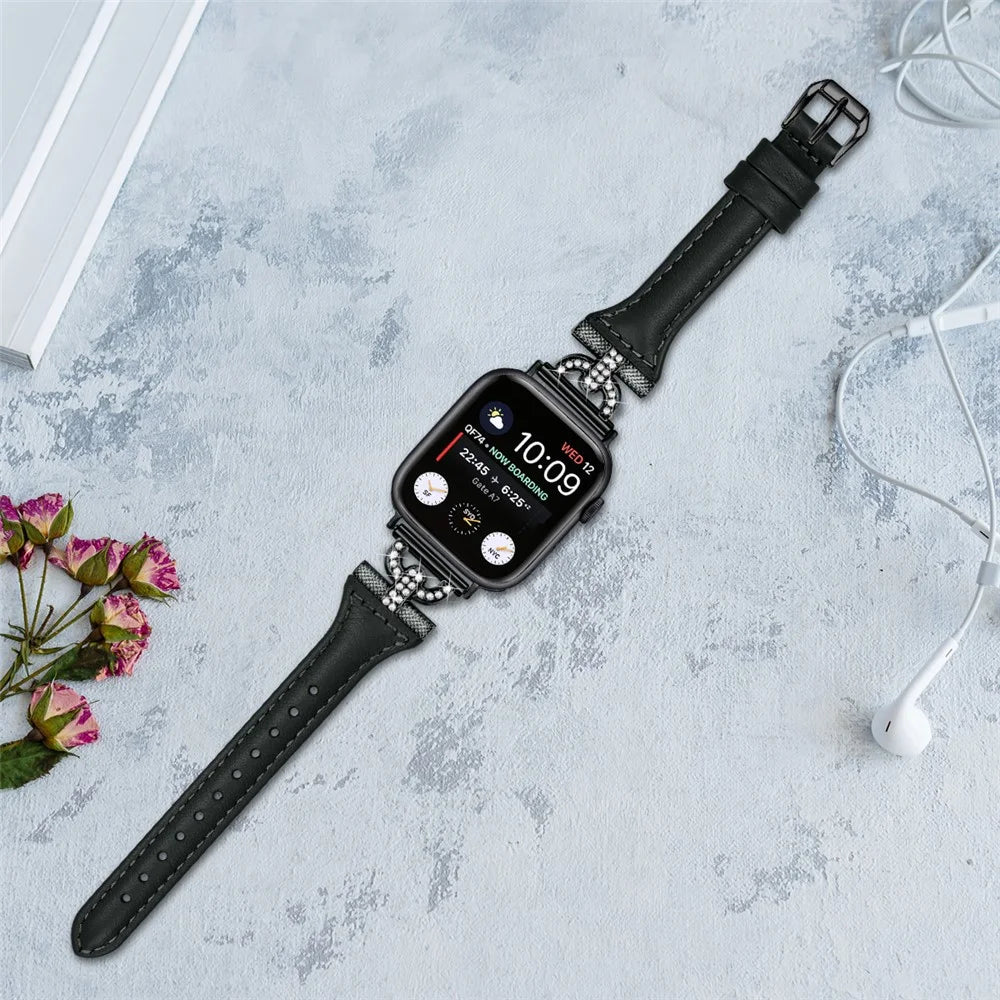 Rhinestone Decor Watch Band for Apple Watch Ultra 3 2 1 49mm / Series 11 10 46mm / 9 8 7 45mm / SE3 SE2 SE 6 5 4 44mm / 3 2 1 42mm ,  Balck Buckle Genuine Cow Leather Strap - Black - 5