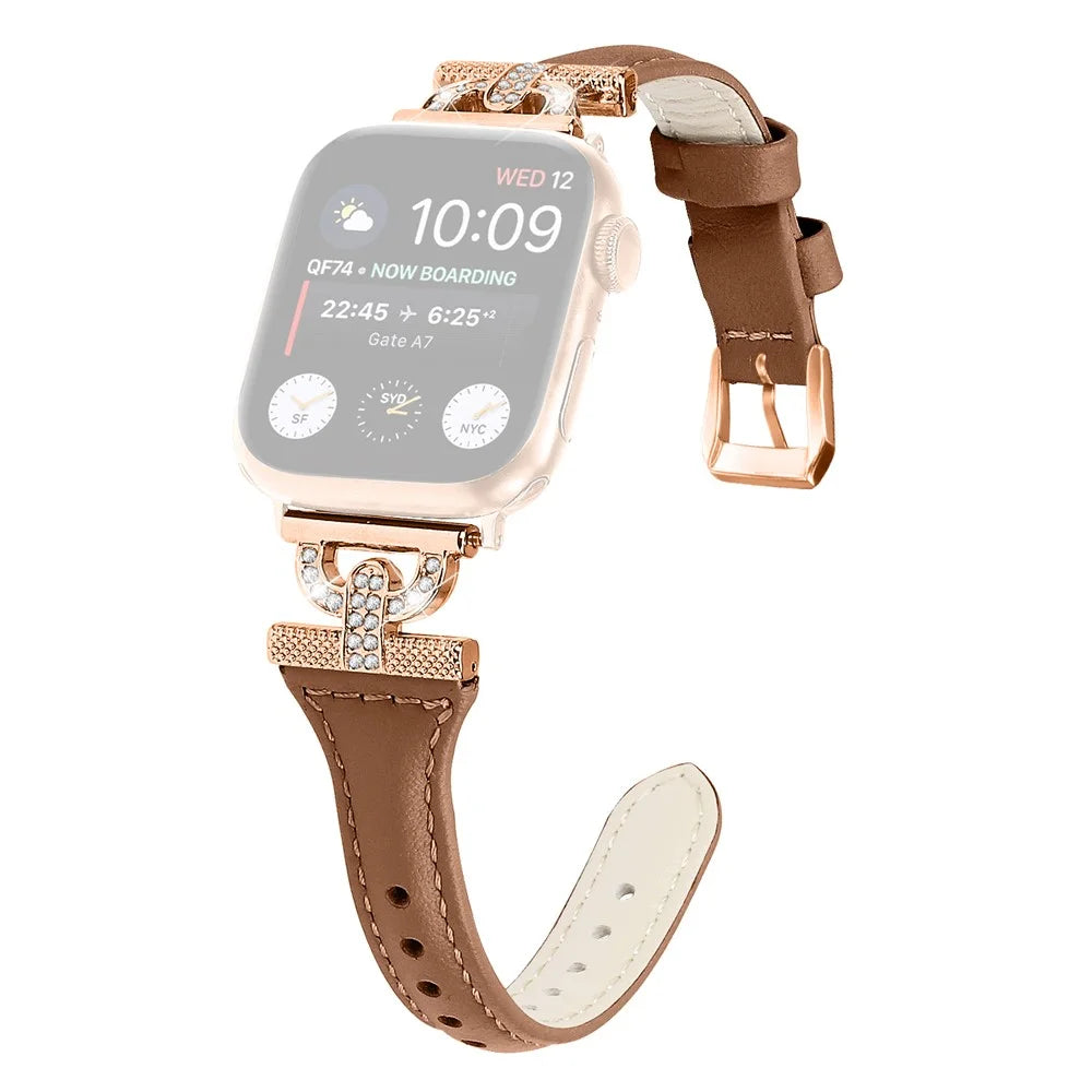 Band for Apple Watch Ultra 3 2 1 49mm / Series 11 10 46mm / 9 8 7 45mm / SE3 SE2 SE 6 5 4 44mm / 3 2 1 42mm , Rhinestone Genuine Cow Leather Strap with Rose Gold Buckle - Brown - 1