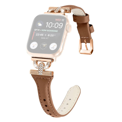 Band for Apple Watch Ultra 3 2 1 49mm / Series 11 10 46mm / 9 8 7 45mm / SE3 SE2 SE 6 5 4 44mm / 3 2 1 42mm , Rhinestone Genuine Cow Leather Strap with Rose Gold Buckle - Brown - 1