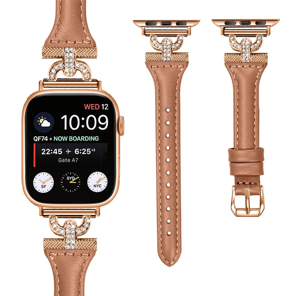 Band for Apple Watch Ultra 3 2 1 49mm / Series 11 10 46mm / 9 8 7 45mm / SE3 SE2 SE 6 5 4 44mm / 3 2 1 42mm , Rhinestone Genuine Cow Leather Strap with Rose Gold Buckle - Brown - 2