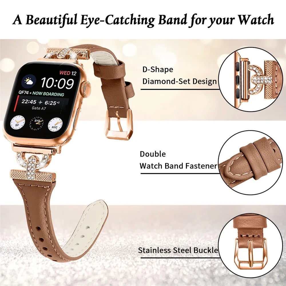 Band for Apple Watch Ultra 3 2 1 49mm / Series 11 10 46mm / 9 8 7 45mm / SE3 SE2 SE 6 5 4 44mm / 3 2 1 42mm , Rhinestone Genuine Cow Leather Strap with Rose Gold Buckle - Brown - 3