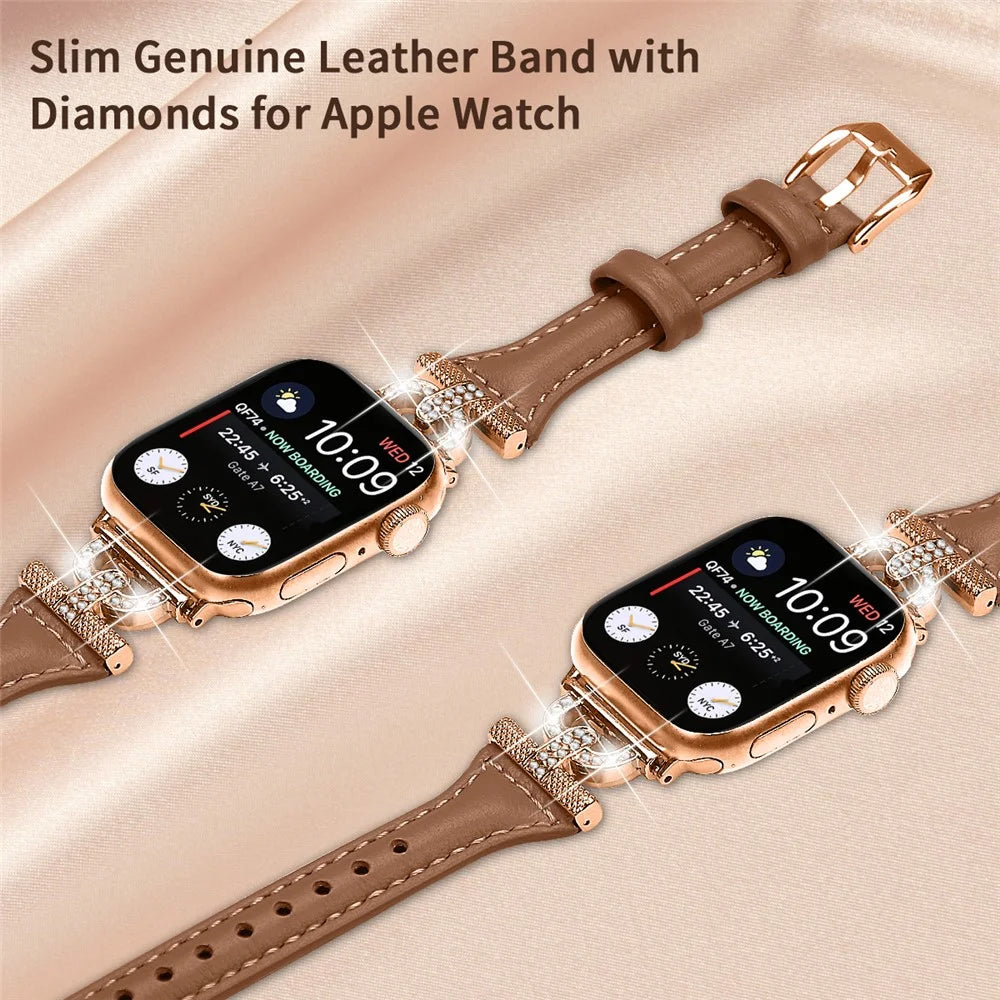 Band for Apple Watch Ultra 3 2 1 49mm / Series 11 10 46mm / 9 8 7 45mm / SE3 SE2 SE 6 5 4 44mm / 3 2 1 42mm , Rhinestone Genuine Cow Leather Strap with Rose Gold Buckle - Brown - 4