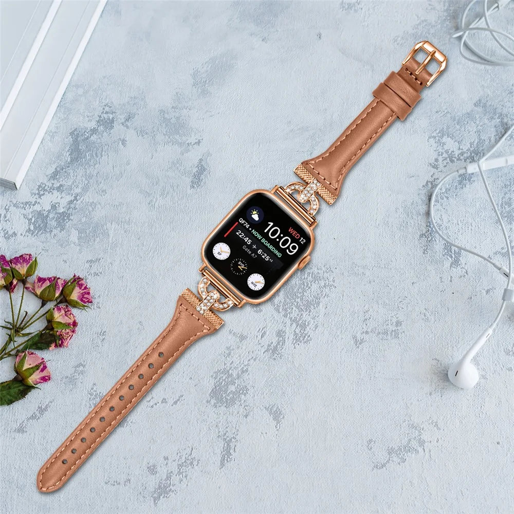 Band for Apple Watch Ultra 3 2 1 49mm / Series 11 10 46mm / 9 8 7 45mm / SE3 SE2 SE 6 5 4 44mm / 3 2 1 42mm , Rhinestone Genuine Cow Leather Strap with Rose Gold Buckle - Brown - 5