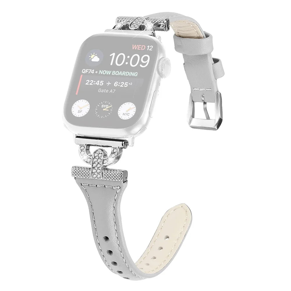 Silver Buckle Watch Band for Apple Watch Ultra 3 2 1 49mm / Series 11 10 46mm / 9 8 7 45mm / SE3 SE2 SE 6 5 4 44mm / 3 2 1 42mm , Rhinestone Decor Genuine Cow Leather Strap - Grey - 1