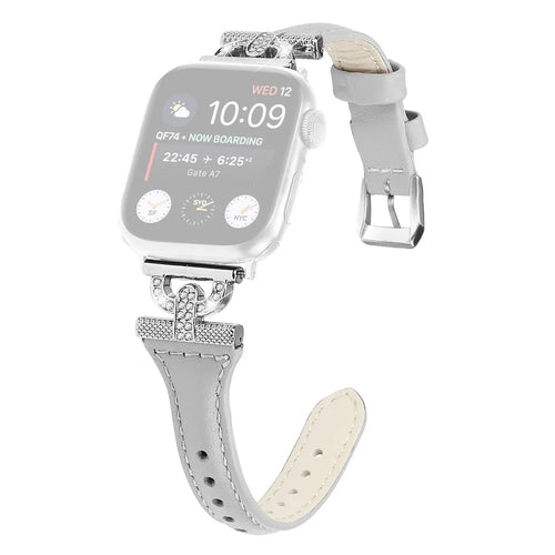 Silver Buckle Watch Band for Apple Watch Ultra 3 2 1 49mm / Series 11 10 46mm / 9 8 7 45mm / SE3 SE2 SE 6 5 4 44mm / 3 2 1 42mm , Rhinestone Decor Genuine Cow Leather Strap - Grey - 1