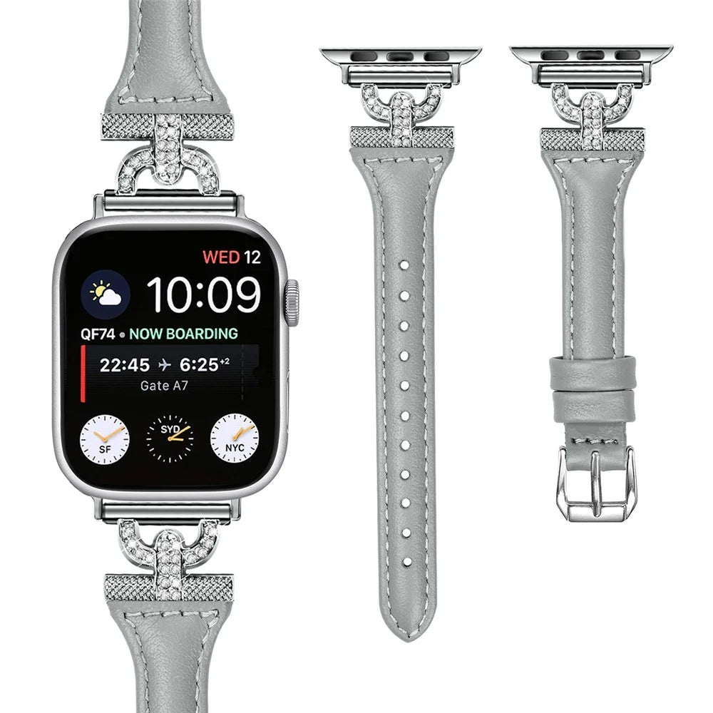 Silver Buckle Watch Band for Apple Watch Ultra 3 2 1 49mm / Series 11 10 46mm / 9 8 7 45mm / SE3 SE2 SE 6 5 4 44mm / 3 2 1 42mm , Rhinestone Decor Genuine Cow Leather Strap - Grey - 2