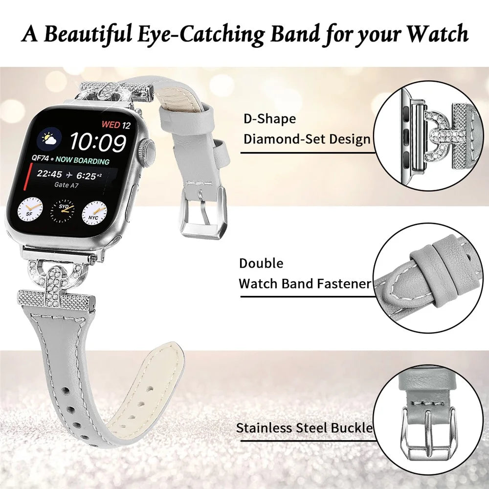 Silver Buckle Watch Band for Apple Watch Ultra 3 2 1 49mm / Series 11 10 46mm / 9 8 7 45mm / SE3 SE2 SE 6 5 4 44mm / 3 2 1 42mm , Rhinestone Decor Genuine Cow Leather Strap - Grey - 3