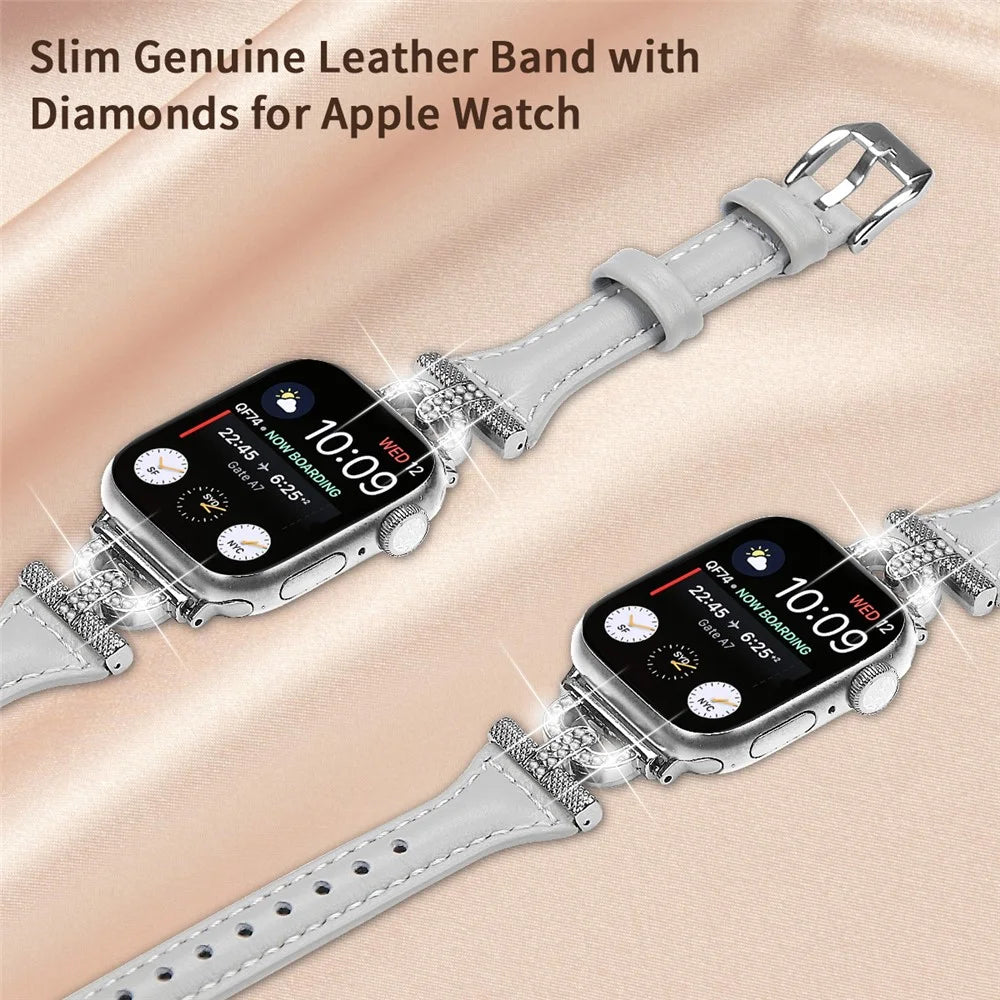 Silver Buckle Watch Band for Apple Watch Ultra 3 2 1 49mm / Series 11 10 46mm / 9 8 7 45mm / SE3 SE2 SE 6 5 4 44mm / 3 2 1 42mm , Rhinestone Decor Genuine Cow Leather Strap - Grey - 4