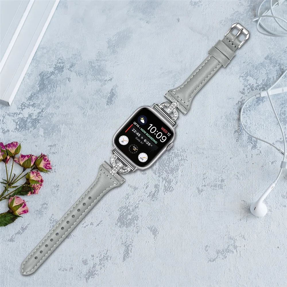 Silver Buckle Watch Band for Apple Watch Ultra 3 2 1 49mm / Series 11 10 46mm / 9 8 7 45mm / SE3 SE2 SE 6 5 4 44mm / 3 2 1 42mm , Rhinestone Decor Genuine Cow Leather Strap - Grey - 5