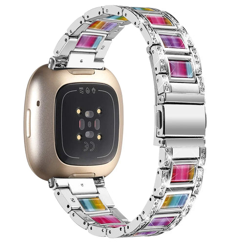 For Fitbit Versa 4 / Sense 2 Watch Band Stainless Steel Resin Strap Rhinestone Decor Bracelet - Silver / Multi-color - 1