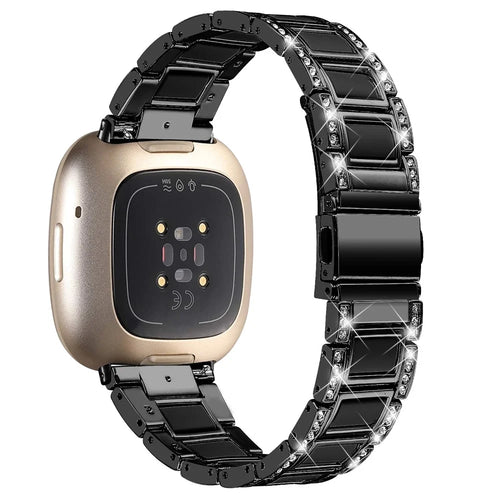 For Fitbit Versa 4 / Sense 2 Resin Watch Strap Stainless Steel Rhinestone Decor Watch Band - Black - 1