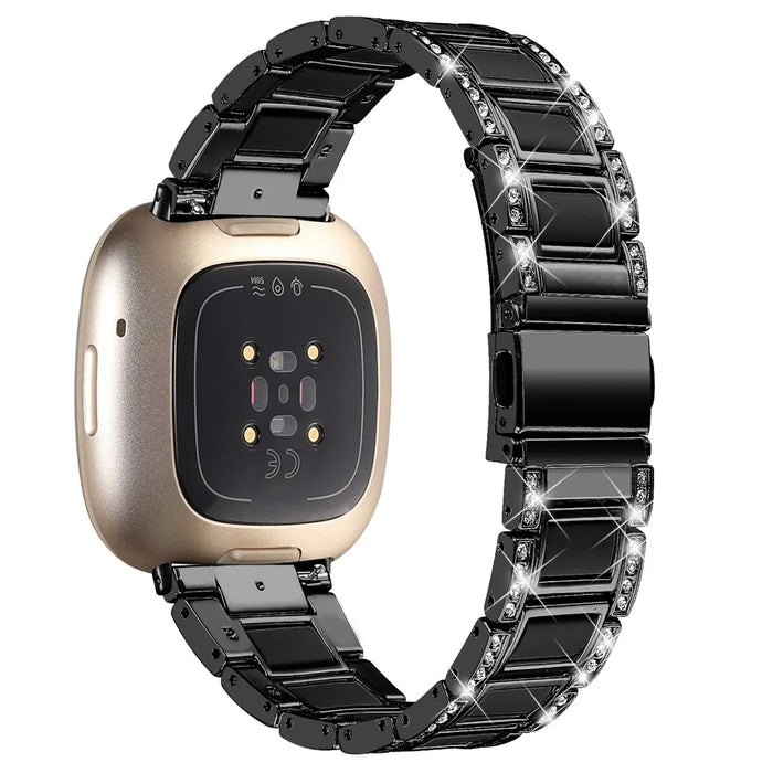 For Fitbit Versa 4 / Sense 2 Resin Watch Strap Stainless Steel Rhinestone Decor Watch Band - Black - 1