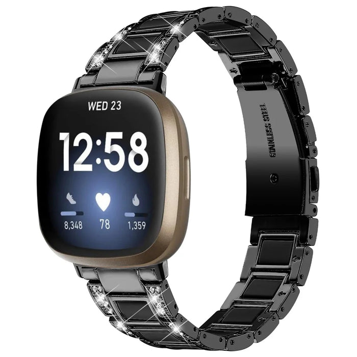 For Fitbit Versa 4 / Sense 2 Resin Watch Strap Stainless Steel Rhinestone Decor Watch Band - Black - 2