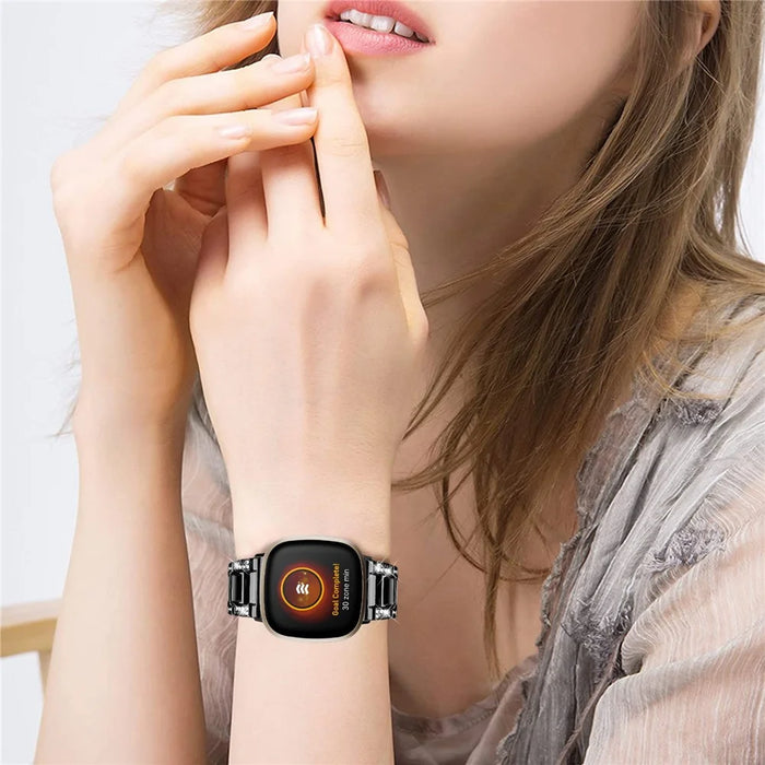 For Fitbit Versa 4 / Sense 2 Resin Watch Strap Stainless Steel Rhinestone Decor Watch Band - Black - 4