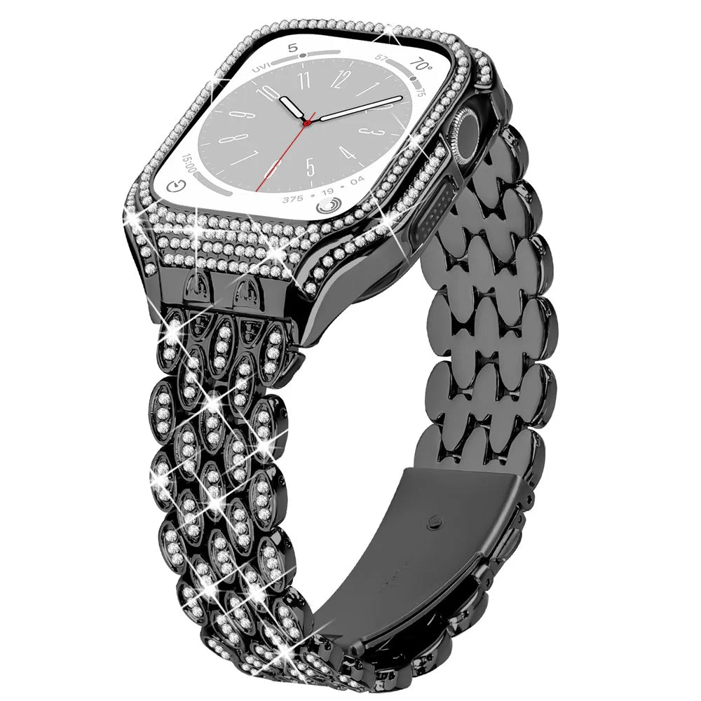 For Apple Watch Series 6 5 4 SE (2022) SE 40mm Watch Band Stainless Steel Rhinestone Decor Strap with Watch Case - Black - 1